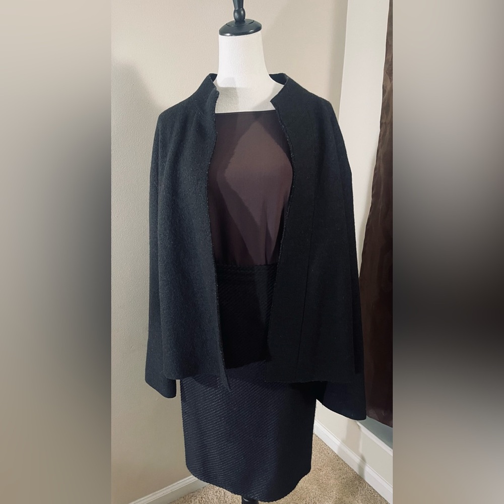 Lida Baday Vintage Designer Black Wool Coat Open Front & Pockets Inside & Out